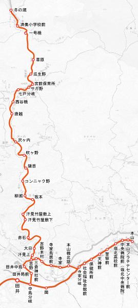 嶺北観光自動車の本山町を運行するバスの路線図