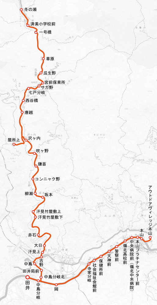 嶺北観光自動車の本山町を運行するバスの路線図